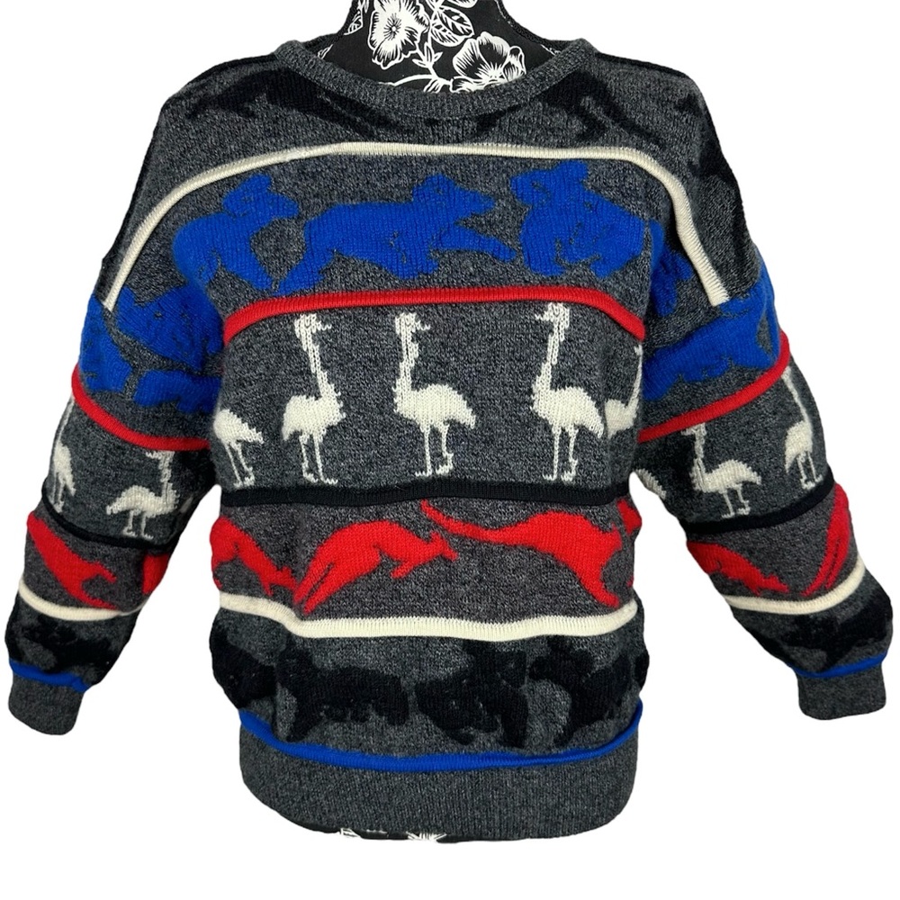 Vintage 90s HYSPORT Australian Pure Wool Multicolored Sweater Kangaroo Emu Koala